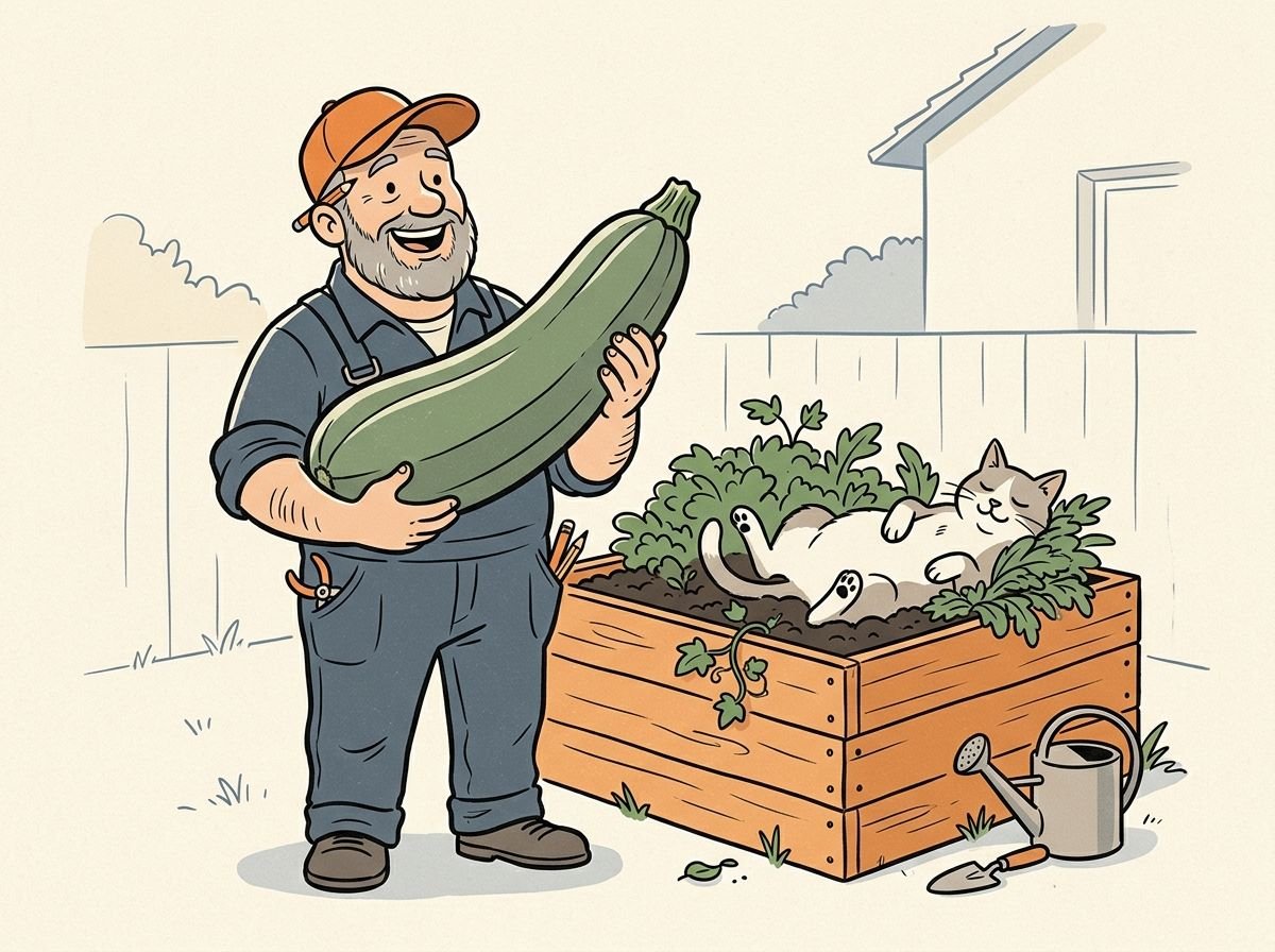 Drawing: a DIY man holds a giant courgette in front of his raised bed