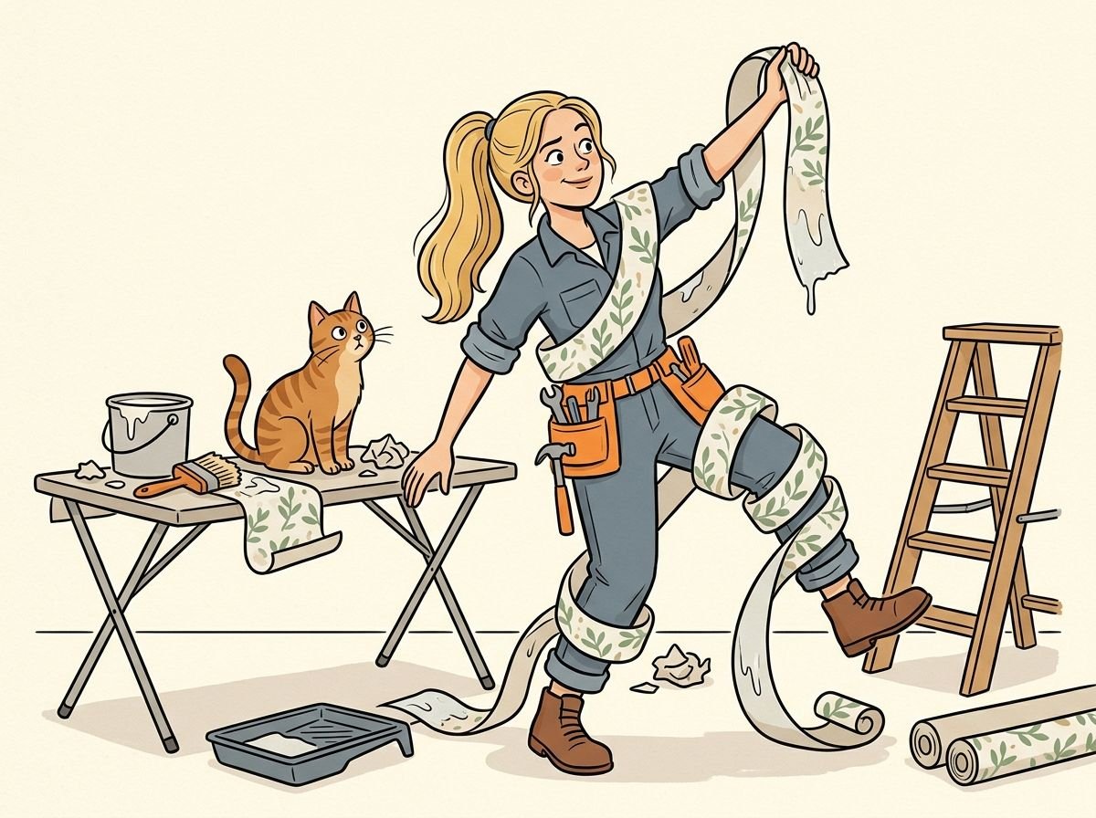Drawing: the DIY woman is tangled in a strip of wallpaper while the cat watches