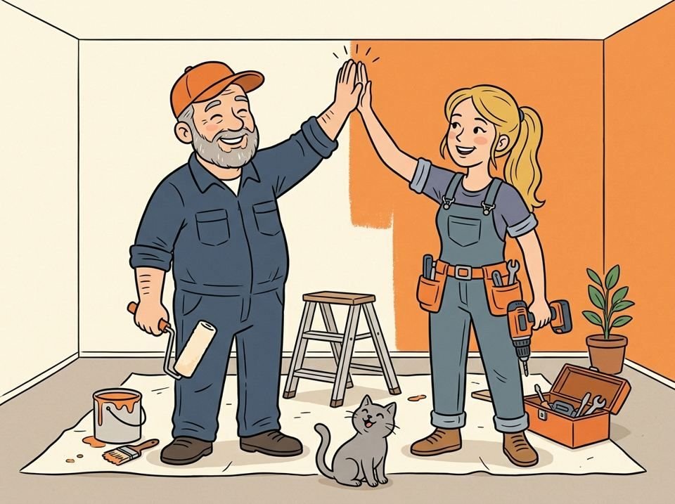 Drawing: a DIY man with a paint roller and a DIY woman with a cordless drill give each other a high five