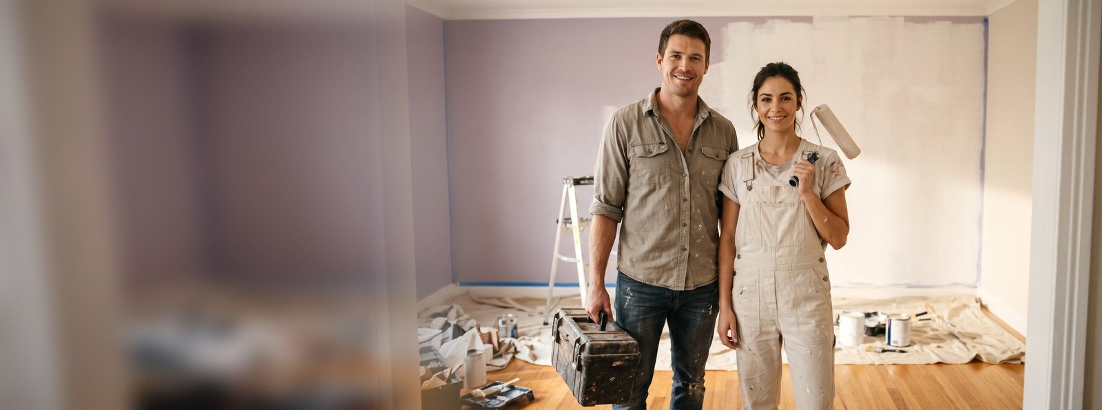 A young couple stands proudly in a freshly renovated room, she with a paint roller, he with a toolbox